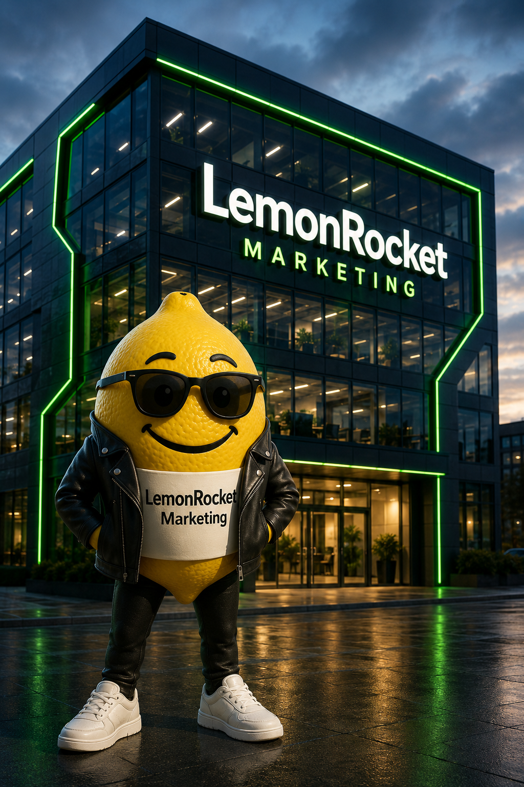 LemonRocket Marketing mascot — a friendly lemon character in sunglasses and a leather jacket standing in front of the LemonRocket office building
